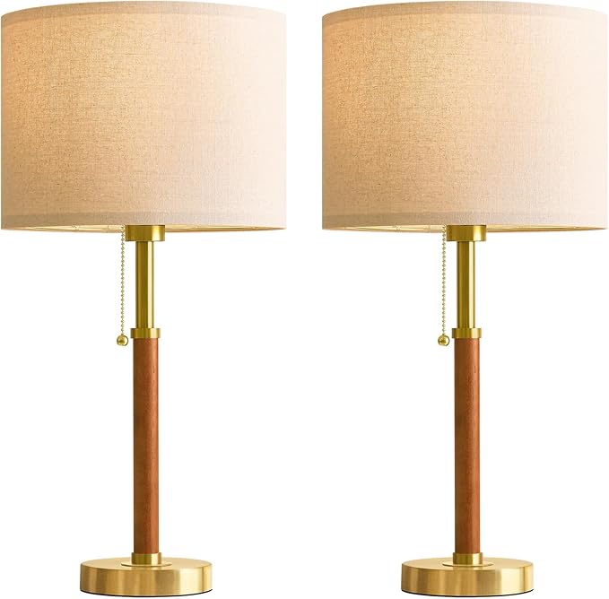 G-SAFAVA 22" Wood Table Lamps Mid Century Modern Lamp for Bedroom Living Room Bedside Lamps for Night Stands Nightstand Lamp with Pull Chain Gold Small Side End Table Lamps Set of 2 Vintage Deco Gifts
