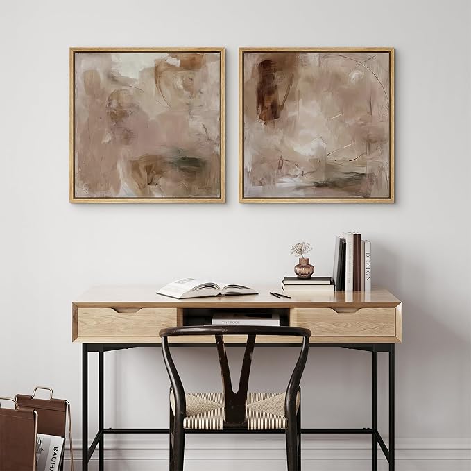 SIGNFORD Framed Canvas Print Wall Art Set Abstract Earthy Tones Soft Blush Illustrations Modern Art Minimal Relax/Calm for Living Room, Bedroom, Office - 24"x24"x2 Natural