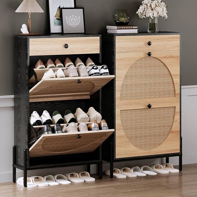 IRONCK Shoe Cabinet with 2 Flip Drawers, Shoe Storage Cabinet for Entryway, Free Standing Shoe Storage Organizer with Rattan Doors Slim Narrow Shoe Rack Cabinet, Black