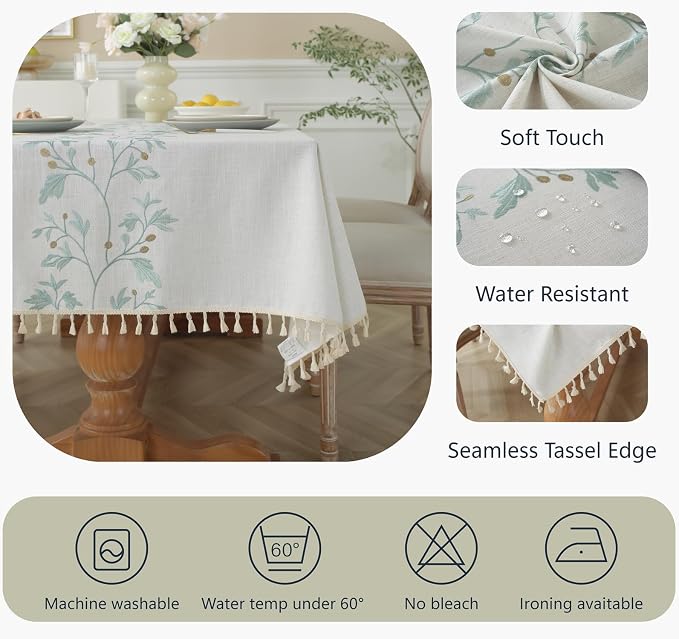 Alsoo Embroidered Tablecloth Rectangle 55 x 106 Inch, Farmhouse Otanical Floral Table Cloth Waterproof Washable Cotton Linen Fabric for Thanksgiving Spring Summer