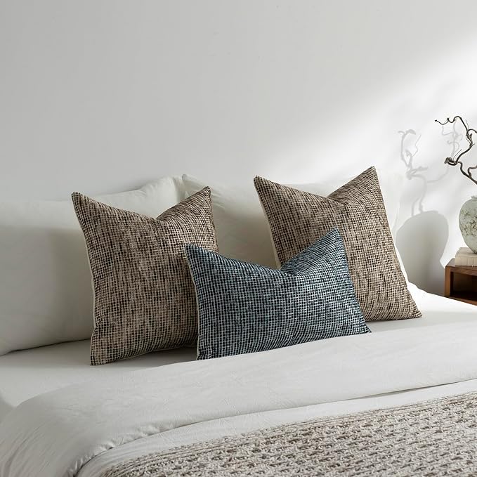 Pack of 2 Neutral Throw Pillow Covers 20x20 Boho Textured Dots Stripe Chenille Square Decorative Pillow Cases Accents for Living Room Couch Bed Farmhouse Home Decor, Chocolate Brwon