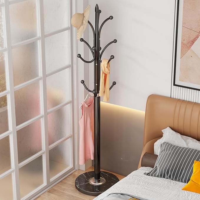 Metal Coat Rack Freestanding Sturdy Heavy Duty Coat Rack Stand with Natural Marble Base Modern Coat Racks Hall Tree Hats Hanger Holder Stand with 12 Hooks for Entryway Hallway Office, Black