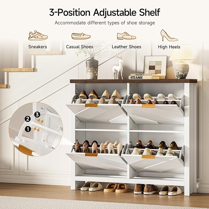 ONBRILL Shoe Cabinet with 4 Flip Drawers, 16-24 Pairs Shoe Organizer with Symmetric Groove Pattern, Freestanding Slim Hidden Shoe Storage Cabinet for Entryway, Hallway (White)