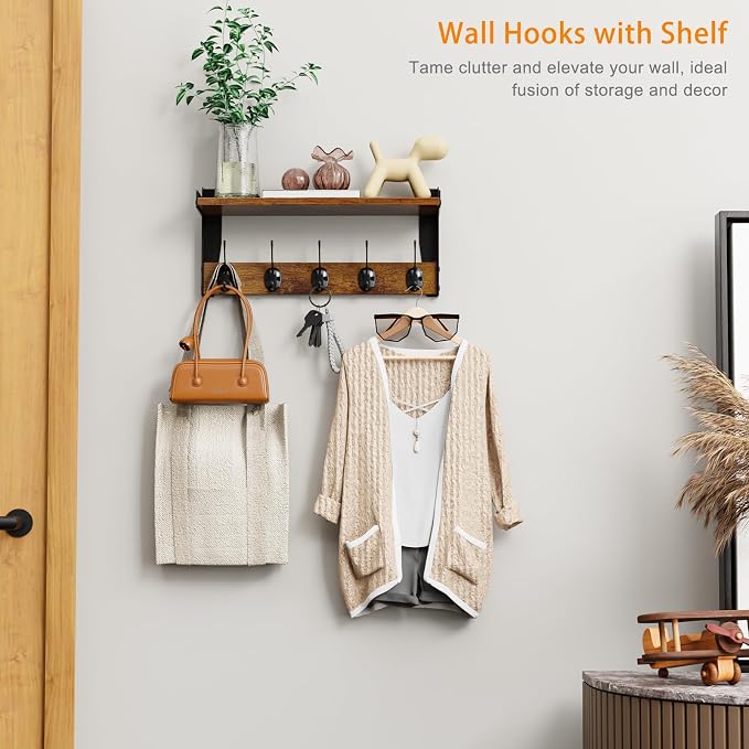 Wall Hooks with Shelf, Wood Coat Rack with Shelf Wall-Mounted, Entryway Hanging Shelves with 5 Metal Hooks for Clothes Hats Towel Purse Robes, Bathroom Mudroom Bedroom, Rustic Brown