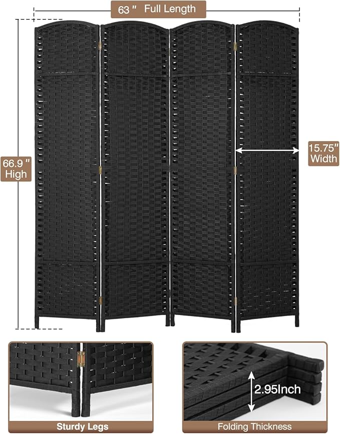 Room Divider 4 Panel 5.6 FT Tall Privacy Screen Waterproof Wood Frame Partition Room Dividers and Folding Privacy Screens Freestanding Wall Divider Indoor and Outdoor for Portable Room Separation
