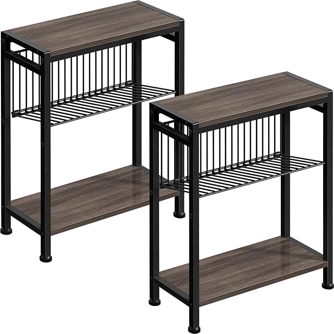 Small Side Table Set of 2 for Small Space, 3-Tier Narrow End Tablewith Magazine Holder,SmallNightstand, Skinny Snack Couch Table in Living Room, Bedroom Study and Balcony(Ash Brown)