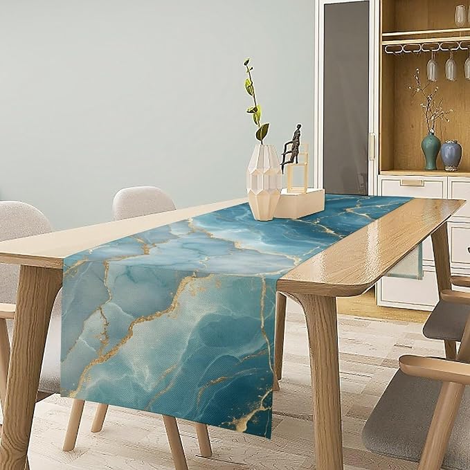 Blue Marble Table Runner, Blue Grey Stone Abstract Textured Modern Decoration Table Runner for Kitchen Dining Home Party Decor, 13x70 Inch