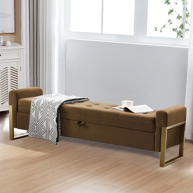 67" End of Bed Storage Bench King Size, Velvet Storage Bench for Bedroom Foot of Bed, Upholstered Storage Ottoman Bench with Gold Legs for Window Living Room Entryway, Brown