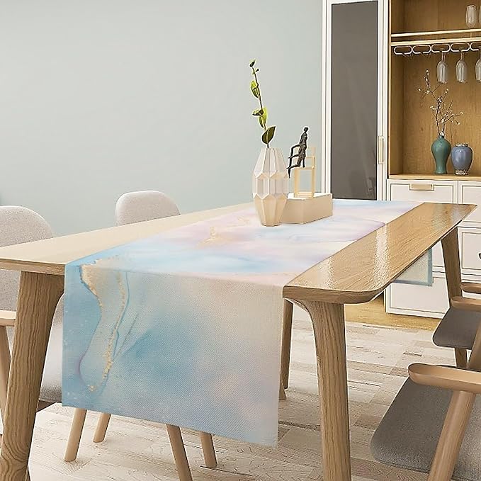 Watercolor Marble Table Runner, Dreamy Blue Pink Cloud Textured Modern Decoration Table Runner for Kitchen Dining Home Party Birthday Wedding, 13x120 Inch