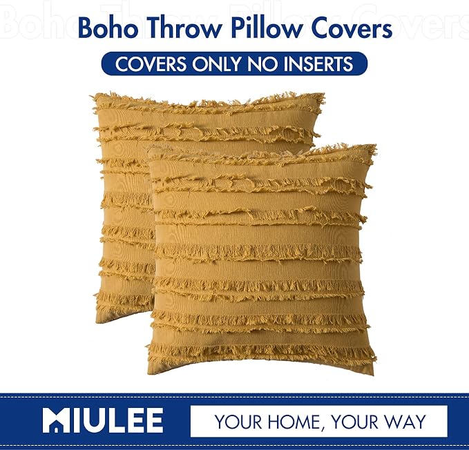 MIULEE Set of 2 Mustard Yellow Throw Pillow Covers Decorative Boho Spring Linen Striped Jacquard Pattern Cushion Covers for Spring Sofa Couch Living Room Bedroom 20x20 Inch