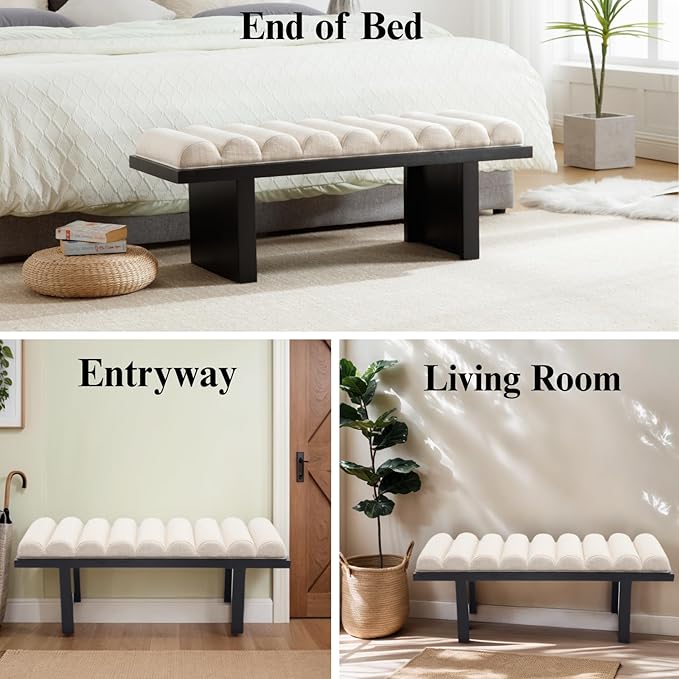 HEAH-YO Modern Bedroom Bench,47 Inches Upholstered Entryway Bench for Bedroom End of Bed with Cylindrical Cushion/Black Wood Leg,Window Ottoman for Living Room Hallway,Linen Beige
