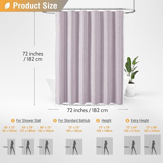 BTTN Boho Farmhouse Shower Curtain, Linen Rustic Weighted Striped Fabric with Tassel, Water Repellent, Modern Bohemian Vintage Country Cloth for Bathroom, Lavender, 72x72