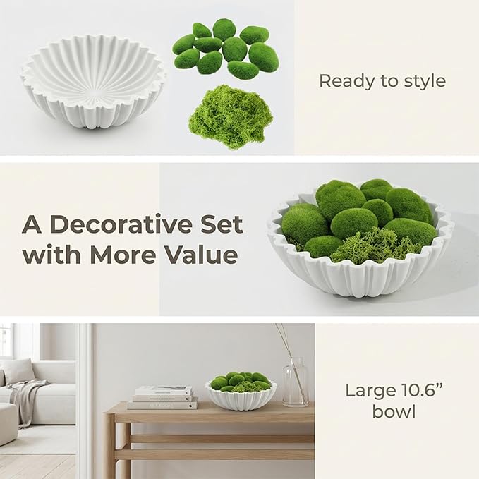 Decorative Bowl Set for Home Decor, 10.6" Large White Scalloped Fruit Bowl for Coffee Table, Entryway Table, Kitchen Counter, Includes 10 Artificial Moss Rocks and Decorative Moss