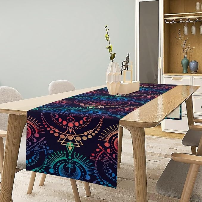 Magic Astrology Table Runner, Colorful Mystical Celestial Moon Star Boho Zodiac Table Runner for Kitchen Dining Picnic Party Wedding Decor, 13x120 Inch