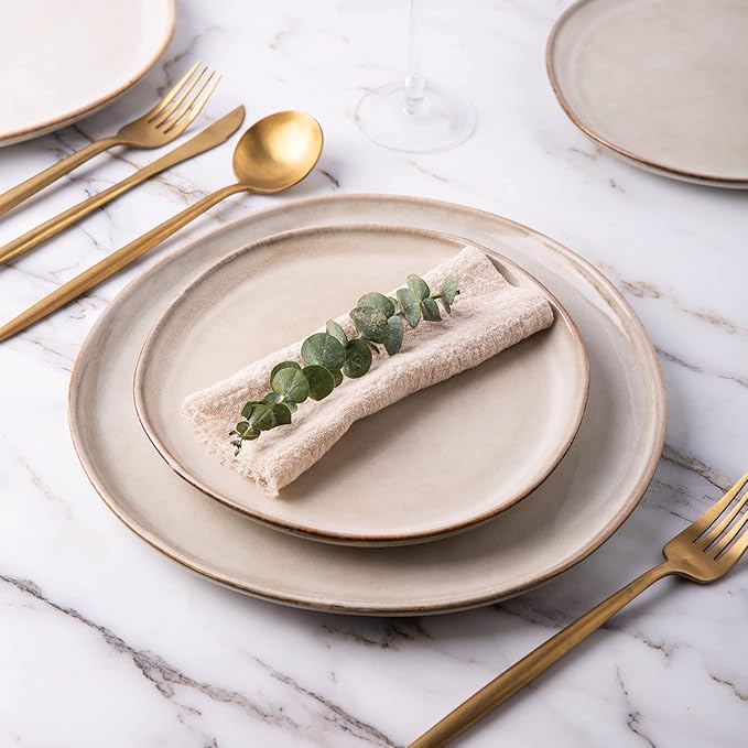 AmorArc Ceramic Plates Set of 6, 8.5 Inch Handmade Reactive Glaze Stoneware Plates set for Dessert, Salad, Appetizer, Dinner, Microwave & Dishwasher Safe, Scratch Resistant-Cappuccino