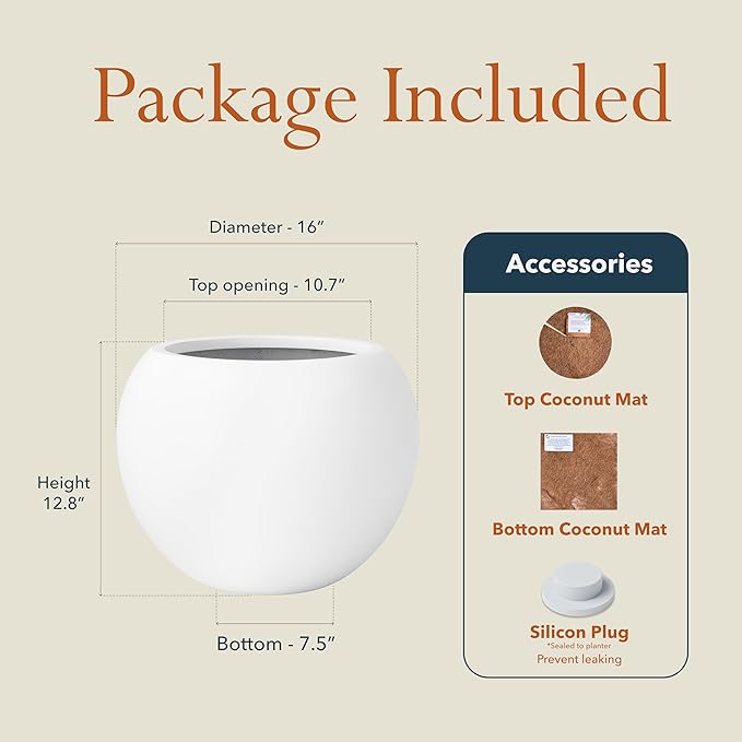 KUTE NEST 12.8"H x 16"D Premium Globo Fiberstone Round Planter with Drainage Hole, Smooth Finishes, Weather Resistant for Indoor and Outdoor Use, Included 2 Extra Coco Mats (White, 10.7" Pot Opening)