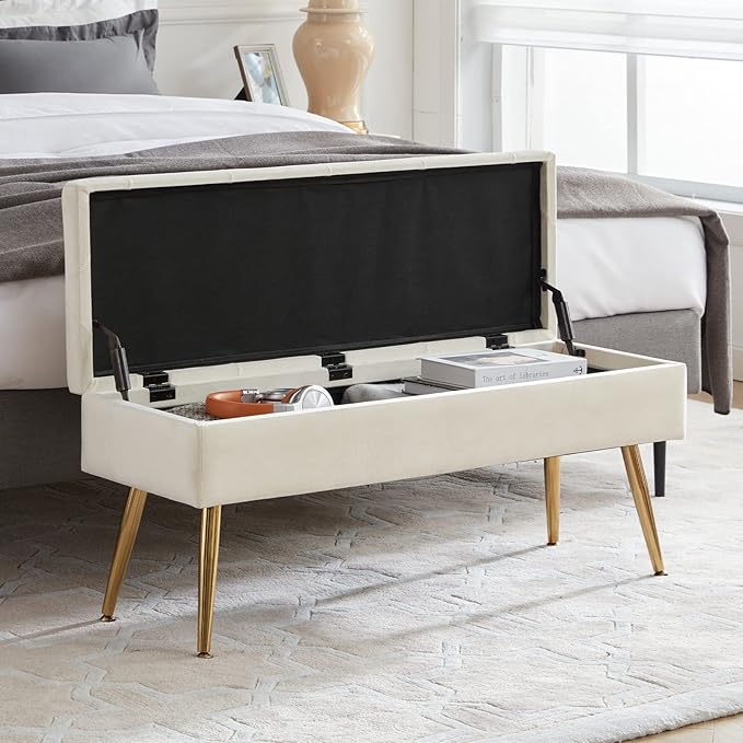 Bench for Bedroom Storage Ottoman Bench with Storage for End of Bed Entryway Cream Velvet