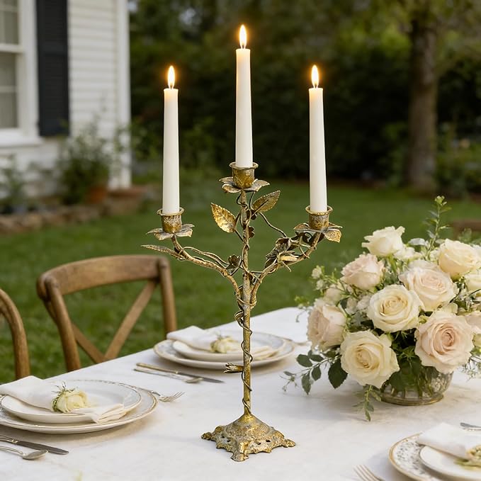 Vintage 3-Arm Metal Candelabra, Distressed Gold Leaf & Floral Design Candle Holder, 14.37" Tall Tabletop Candlestick Stand for Wedding, Dining Table & Home Decor