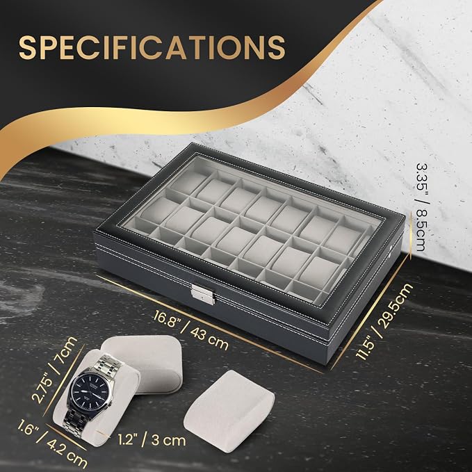 Watch Box 24 Slot Elegant Portable Black Watch Collection Box Case jewelry Men & Women (Grey)
