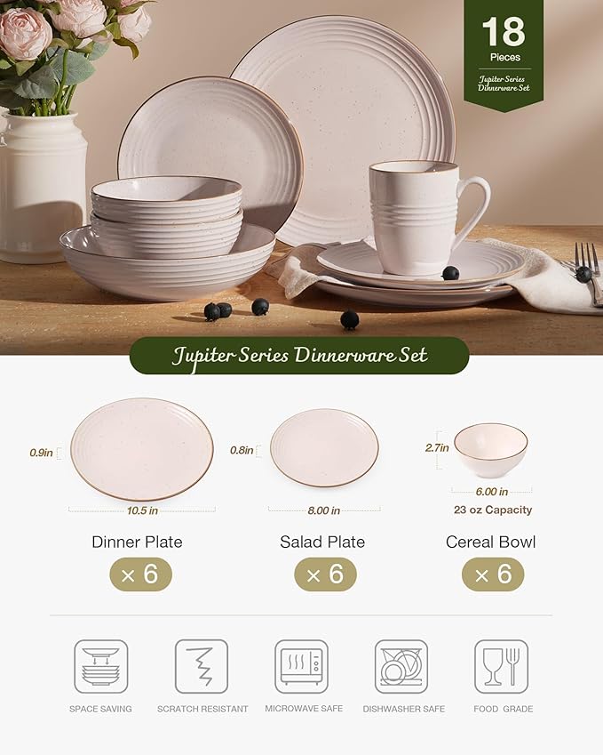 Famiware Jupiter 12-Piece Stoneware Dinnerware Set, Handcrafted Plates and Bowls with Speckles & Embossed Swirls, Chip/Scratch Resistant, Microwave/Dishwasher Safe, Modern Dishes, Service for 4, Pink