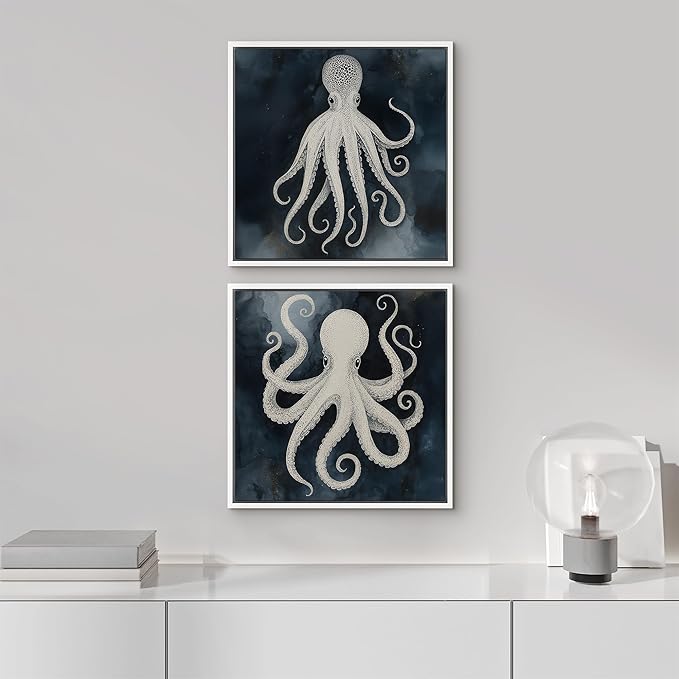 SIGNFORD Framed Canvas Print Wall Art Set Nautical Octopus Illustration Dark Blue Ocean Coastal Modern Art Relax/Calm for Living Room, Bedroom, Office - 16"x16"x2 WHITE