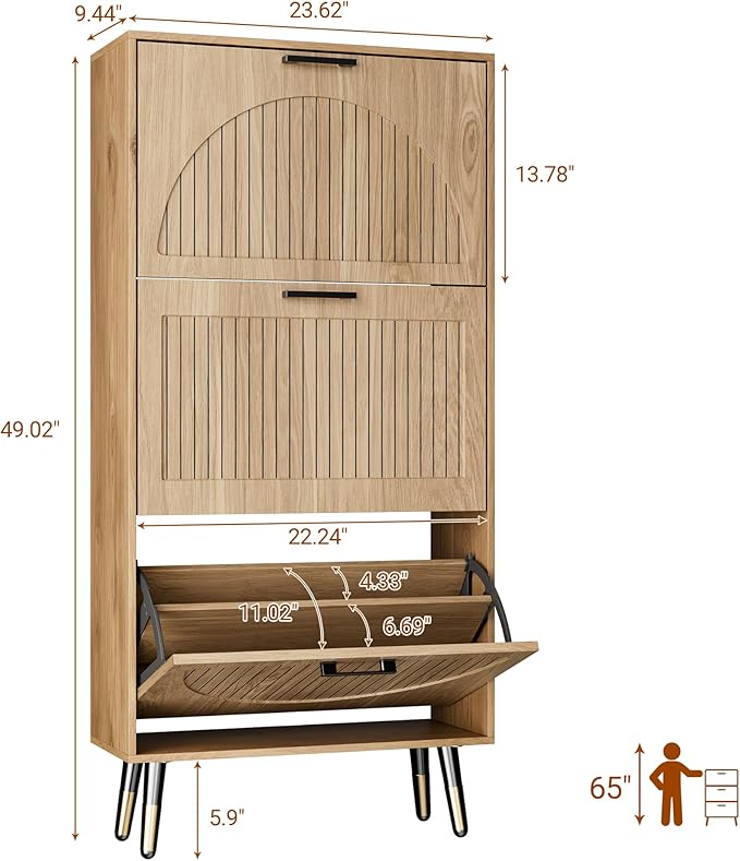 Farmhouse Shoe Cabinet Storage for Entryway, Slim Shoe Rack Cabinet with 3 Flip Drawers, Narrow Shoe Organizer Cabinet with Stylish Round Panel, Metal Leg and Handle