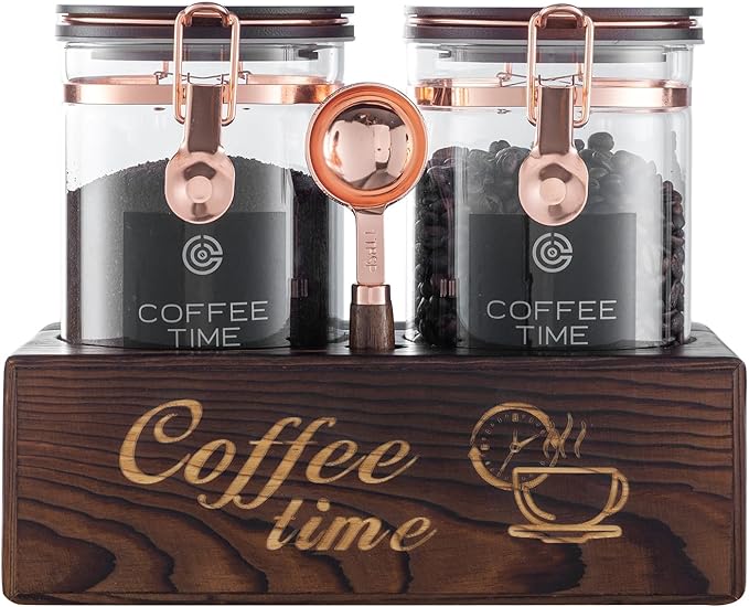 Glass Coffee Canister Set with Torched Wood Shelf, 2 Pack 45oz Airtight Storage Jars with Lids & Spoons, Large Kitchen Canisters for Coffee Beans, Sugar, Tea & Nuts
