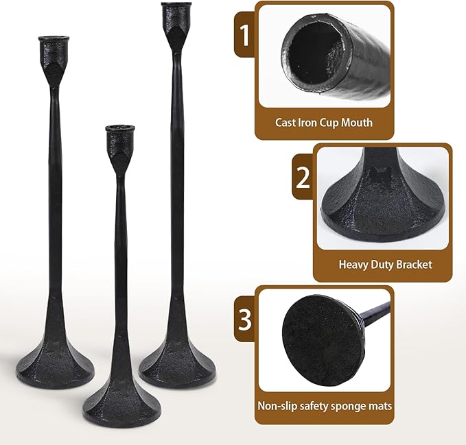 Iron Taper Candle Holder Set of 3, Black Candlestick Holders,Taper Decorative Candle Holder for Table Centerpiece Home Decoration, Wedding, Dining Tabl