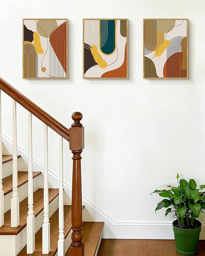 PHOPAGO Boho Abstract Framed Wall Art Mid-Century Modern Bohemain Minimalist Luxury Gold Line Artwork Kitchen Dining Room Decor - 11x14in Natural Framed