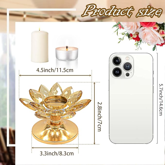 4 PCS Gold Crystal Flower Tea Light Holder, Glass Tealight Candlestick with Metal Base, Votive Candle for Table Centerpiece, Wedding/Parties Decor, Nice Gift