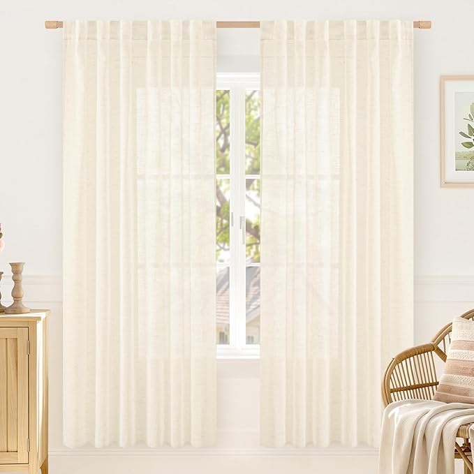 LAMIT 72 inch Length Linen Curtains for Living Room 2 Panels, Beige Linen Textured Light Filtering Semi Sheer Back Tab and Rod Pocket Farmhouse Panels for Bedroom/Farmhouse, 52 x 72 Inch