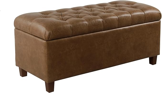 Homepop Home Decor | Button Tufted Storage Bench | Ottoman Bench with Storage for Living Room & Bedroom, Distressed Brown Faux Leather