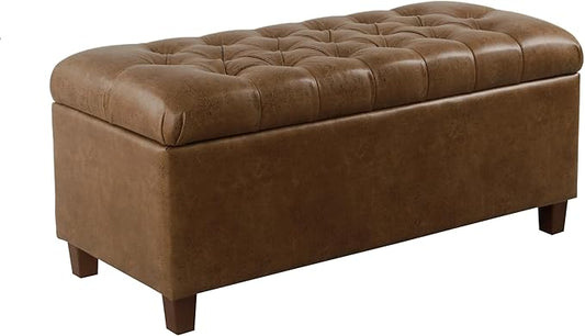 Homepop Home Decor | Button Tufted Storage Bench | Ottoman Bench with Storage for Living Room & Bedroom, Distressed Brown Faux Leather