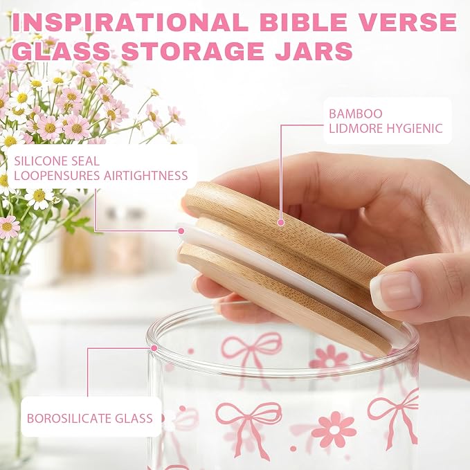 3 Pcs Pink Bow Christian Glass Storage Jars with Airtight Lids Pink Bow Candy Cookie Jars Gift Christian Bible Verse Kitchen Canister Gifts for Women Cute Coquette Religious Kitchen Containers