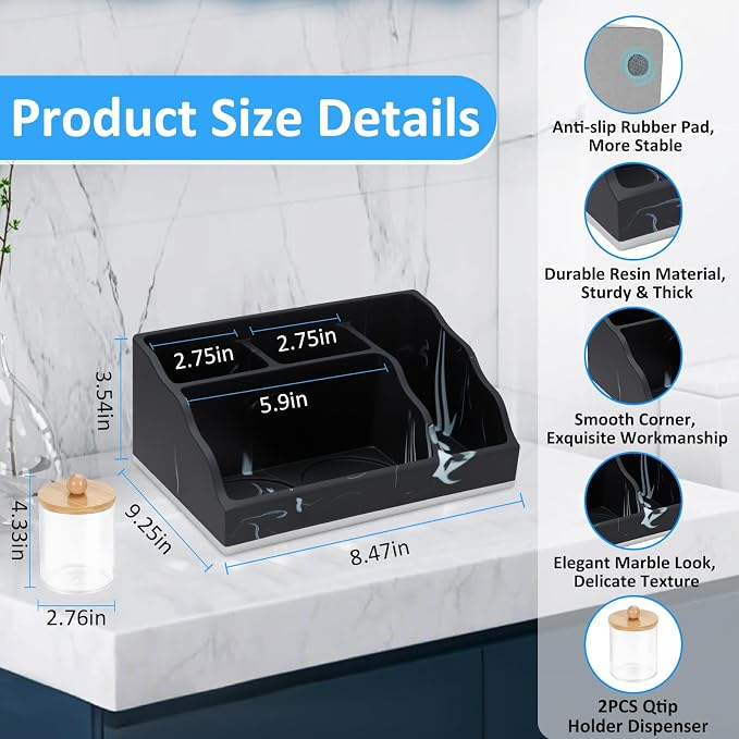 Bathroom Counter Organizer, Black Marble Toothbrush Holders for Bathrooms with 2PCS Qtip Holder, Bathroom Organizer Countertop Toothbrush and Toothpaste Holder for Makeup Organizer for Vanity