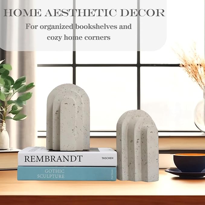 Decorative Book Ends for Shelves - Boho Aesthetic Bookends Decor - Heavy Duty Travertine Book Stopper Holder for Home Office Desk Coffee Table (Grey)