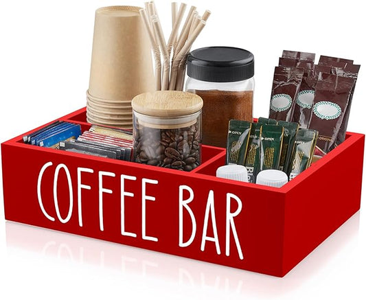 ALELION Red Coffee Station Organizer with Removable Dividers - Coffee Pod Holder Storage Basket for K Cup Sugar Tea - Red Coffee Bar Kitchen Decor Accessories Organizer for Countertop