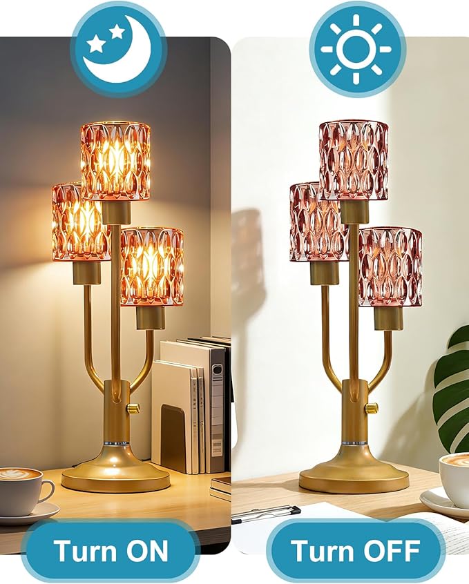 Lightdot Mid Century Glass Table Lamp Gold Dimmable Desk Lamp with Thickened Red Glass 3 Bulbs Included 3000K Warmwhite Farmhouse Nightstand Lamp for Living Room Bedroom Bedside