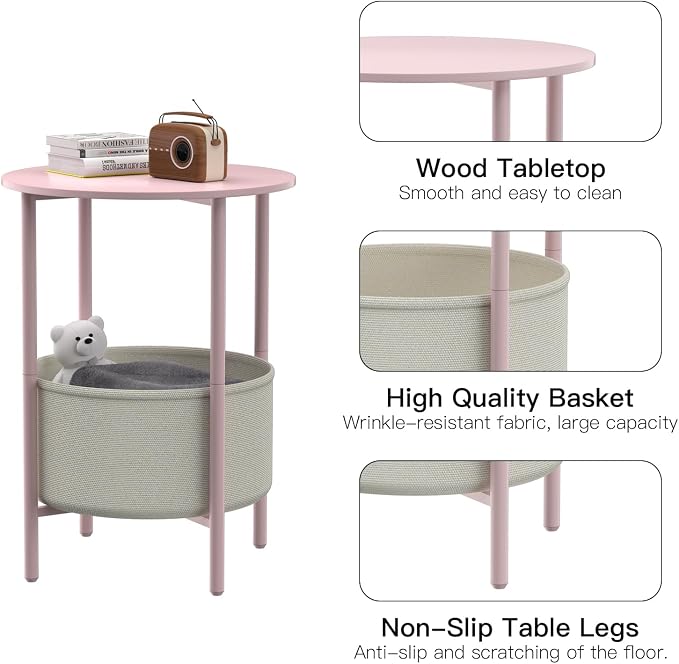 DGSANDGO Round End Table with Fabric Basket, Bedside Table with Storage, Morden Round Nightstand, Samll Side Table for Living Room，Bathroom，Bedroom, Nursery, Laundry, Pink