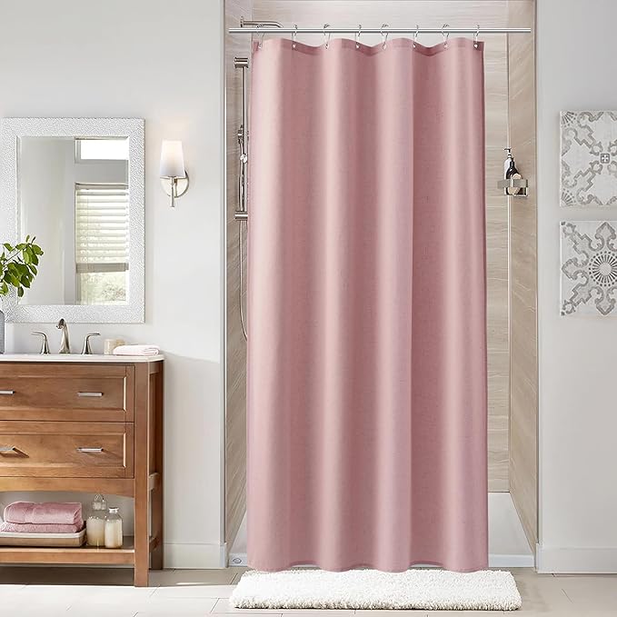 Naturoom Pink 48 Inch Shower Curtain - Stall Narrow Half Linen Ultra Thick Fabric Shower Curtain Set with Hooks, Boho Farmhouse Rustic RV Camper Bath Curtains for Bathroom, 48x72