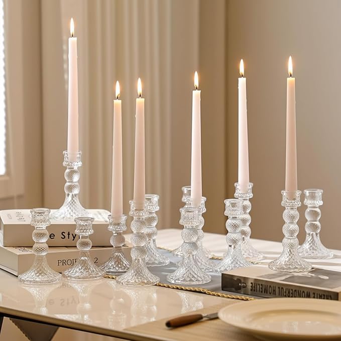 Mumufy 12 Pack Glass Taper Candle Holders Clear Candlestick Holder Fit 0.8 Inch Candles 4'' 6'' 8'' Tall Crystal Decorative Candlestick Stand Centerpiece for Table Wedding Dining Party (Vintage)