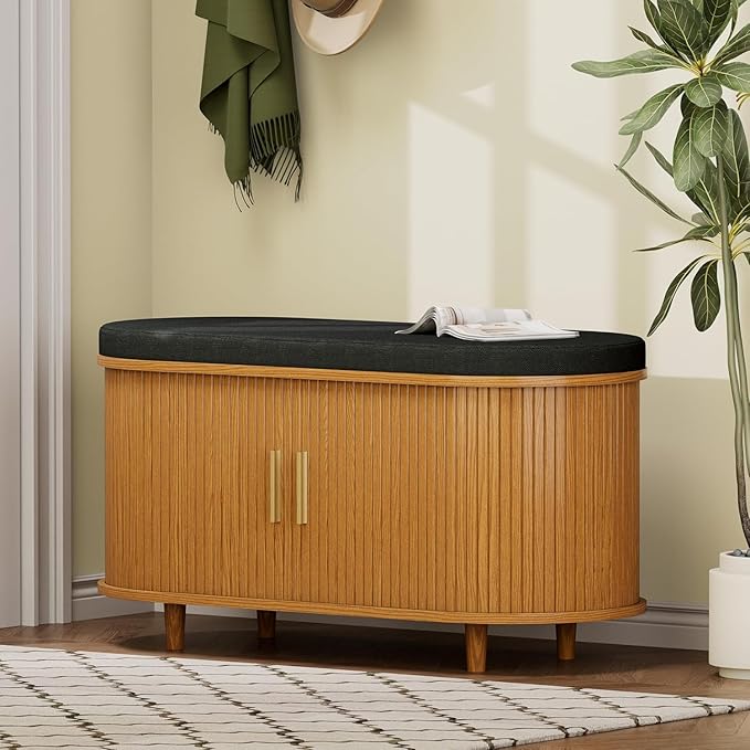 Entryway Bench with Storage: 35.4" Wooden Bedroom Shoe Bench with Thickened Padded Seat Cushion, Mid Century Modern Fluted Sliding Door and Adjustable Shelf, for Entryway, Living Room