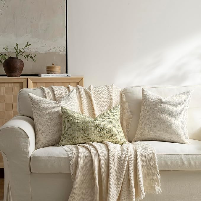 Pack of 2 Neutral Throw Pillow Covers 20x20 Boho Textured Dots Stripe Chenille Square Decorative Pillow Cases Accents for Living Room Couch Bed Farmhouse Home Decor, Cream