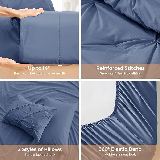 Sasttie California King Comforter Set, 7-Piece Bed in a Bag, Pintuck Bedding Sets for All Season, Includes Comforter, Flat Sheet, Fitted Sheet, Pillowcases and Pillowshams, Slate Blue