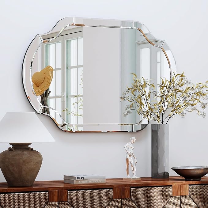47" x 32" Large Wall Mirrors for Living Room, Modern Elegant Decorative Mirror with Beveled Glass Scalloped Corner, Horizontal or Vertical Hanging for Bathroom, Entryway, Dining Room