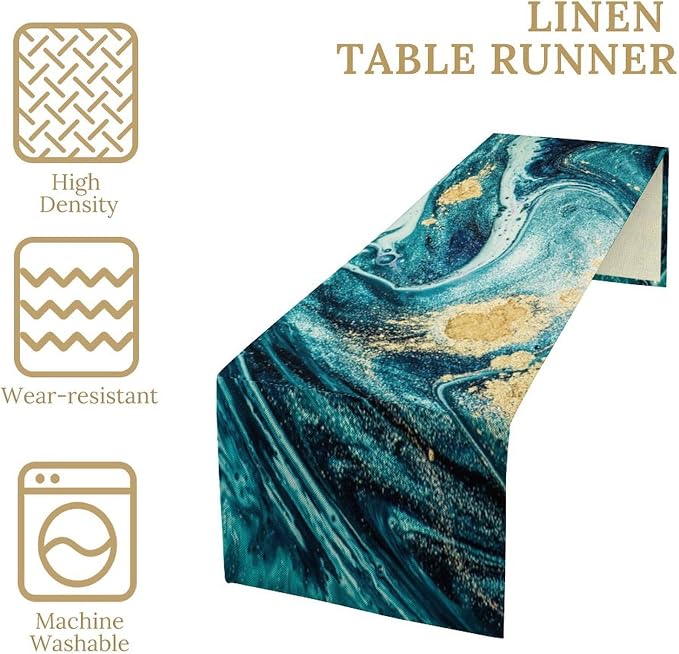 Teal Blue Marble Table Runner,Marble Teal Gold Liquid Luxury Texture Pattern Table Runner for Coffee Table Dining Room Table Bedroom Party Holiday Decor 13x108inch