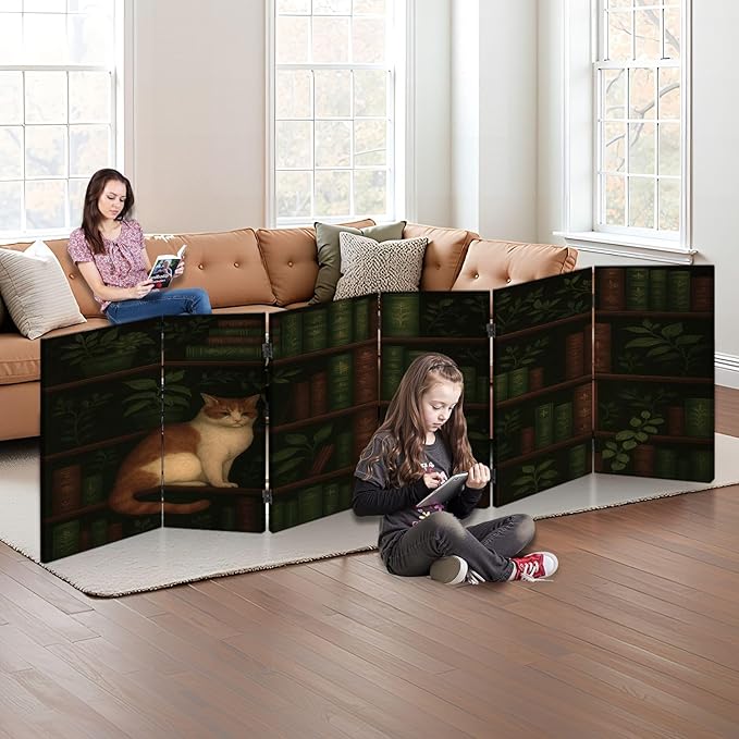 Small 6 Panels Vintage Folding Screen Room Divider Cat Cozy Bookshelf Greenery Vintage Books Boho Divider for Room Separation Portable Privacy Partition Screen Indoor