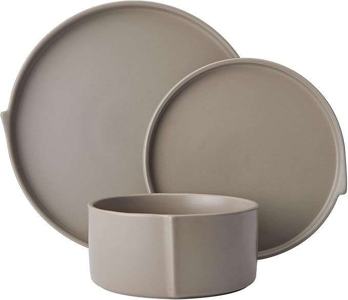 Pfaltzgraff Contemporary Edge 12 Piece Stoneware Dinnerware Set, Service for 4, Plate and Bowls with High Rims for Everyday use, Taupe