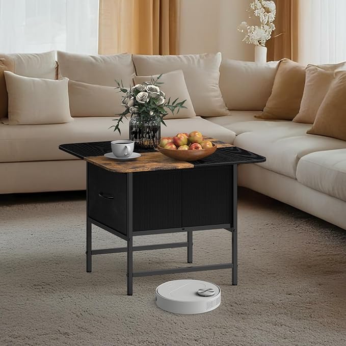 SHINOSKE Square Coffee Table with Round Corners,2 Tier Farmhouse Small Coffee Table for Small Space,Modern Low Center Living Room Tables with 2 Storage Drawers for Apartment,Office,Outdoor,Black Brown