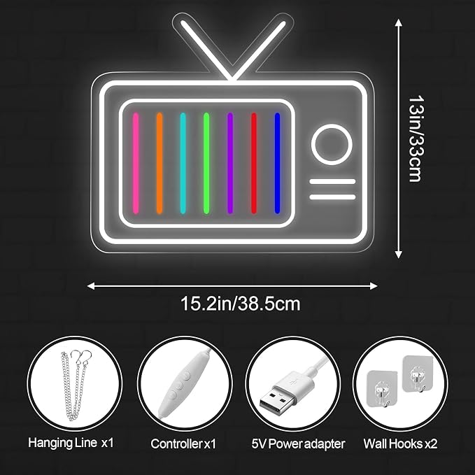 Retro TV Led Neon Sign - Vintage Old TV Set with TV Interference No Signal - Perfect Wall Décor for your 90s Theme Party, 13"x15.2"